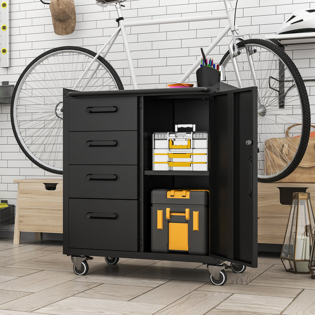 Sturdy Metal Tool Storage Cabinet With Wheels - Tool Storage Cabinet For Garage, Office, And Home Organizer Solutions, Black Gray