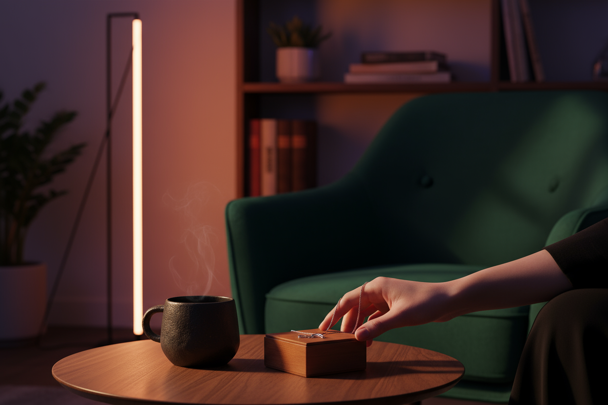 A cozy, photorealistic interior scene bathed in the warm, soft glow of a minimalist LED ambient lighting fixture (e.g., a sunset projection lamp or a geometric table lamp). In the foreground, subtly feature a hand gracefully holding a delicate, unique piece of personalized jewelry, perhaps resting on a smooth, modern surface next to an abstract ceramic coffee mug. Focus on deep shadows, rich textures (velvet, polished wood), and a serene, inviting atmosphere that evokes thoughtful living and personal indulg