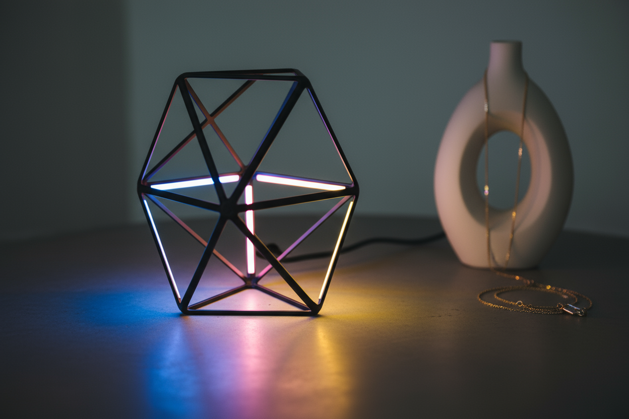 A dynamic, photorealistic close-up of a unique, minimalist LED table lamp with a distinctive geometric design, casting an ethereal, colorful glow onto a nearby surface. In the soft focus background, subtly arranged, are blurred elements suggesting other curated items like the elegant curve of an abstract ceramic vase and the sparkle of a delicate gold necklace. Emphasize depth of field, vibrant but tasteful colors from the lamp, and a sense of modern, artistic energy.